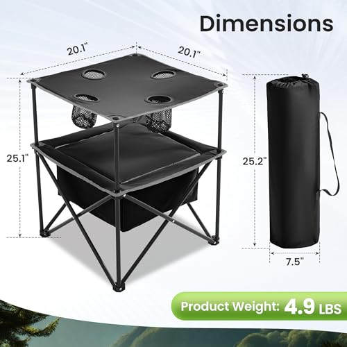 Portable Outdoor Folding Camping Table with 4 Cup Holders & Cooler Compartment, Waterproof Picnic Table for Picnic, BBQ, Beach, Hiking (Black) - color: Black