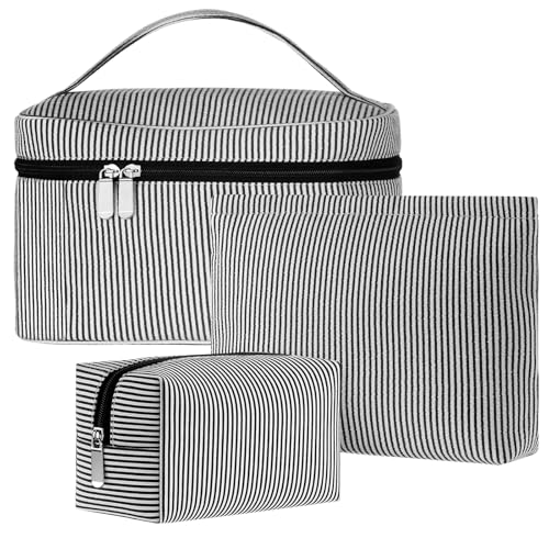 Huhumy 3 Pieces Makeup Bag Set for Women Cute Seersucker Cosmetic Pouch Travel Toiletry Bag Preppy Small Makeup Purse Pouch Aesthetic Skincare Brushes Storage Organizer for Women(Black) - color: Black