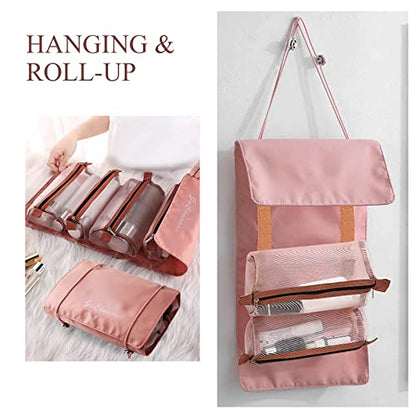 LumiSyne 4 In 1 Detachable Toiletry Bag Hanging Roll-Up Makeup Bag Large Capacity Travel Wash Bag Mesh Cosmetic Bag Portable Foldable Toiletry Bag Waterproof Cosmetic Organizer Bag For Travel Daily - color: Khaki