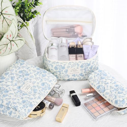 senbowe Floral Makeup Bag, 3 Pack Large Cotton Quilted Makeup Bag Set, Cute Floral Coquette Aesthetic Toiletry Bag Make Up Cosmetic Bag for Women, Toiletry Travel Make Up Organizer Bag - color: Blue-White