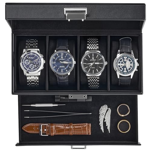 ProCase Watch Case, 4 Slot Mens Watch Box Holder Organizer with Glass Lid, 2-Layer Watches Display Case, Mens Jewelry Box with Drawer, Birthday Valentine Gifts for Men Women -4 Slot, Black - color: Black, size: 4-Slot
