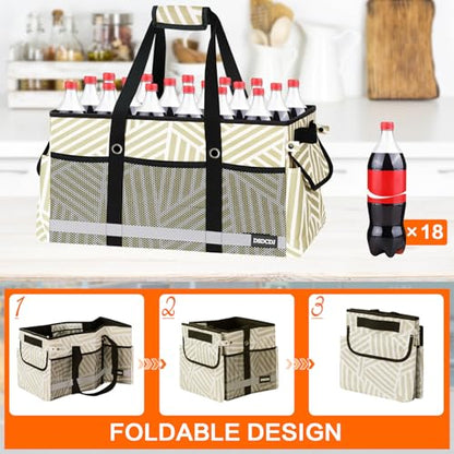 Extra Large Utility Tote Bag with Reflective Strip, Standing Reusable Grocery Bags with Hard Bottom, Collapsible Utility Tote with Handles for Shopping, Beach, Picnics, Car, Striped Gray - color: Twill Gray
