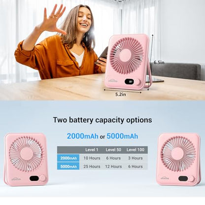WHATOOK Small Desk Fan Personal Fans: 5000mah 25 Hours Battery Office Quiet Mini Desktop Fan Portable Rechargeable Travel Essentials (Pink, 2000 mAh) - color: Pink