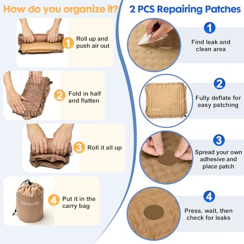 Inflatable Seat Cushion,Self-Inflating Foam Stadium Seat Cushion, Airplane Seat Cushion,Protable Seat Pad for Camping, Backpacking,Sports Events,Traveling,Bleacher (1, Khaki) - color: Khaki