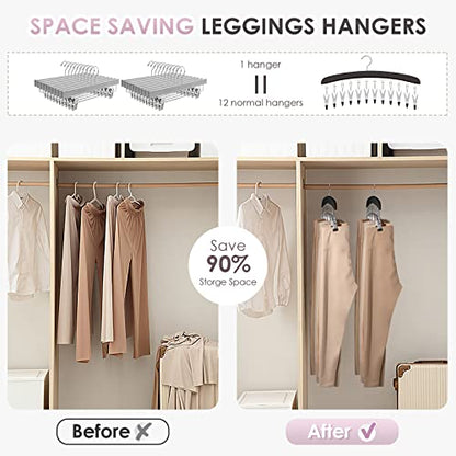 MEILIDY Leggings Hangers, Wooden Closet Hanging Leggings Storage Organizer Scarf Hangers with 24 Clips, 360° Swivel Hook, Black, 2 Pcs - color: Black