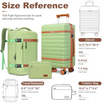 Luggage Sets 3 Piece with Spinner Wheels, Lightweight PC Hardside Suitcase with TSA Lock & YKK Zippers, 20 Inch Carry On Luggage with Travel Bag for Men and Women, Avocado Green - color: Avocado Green, size: 3 Piece Set (20inch)