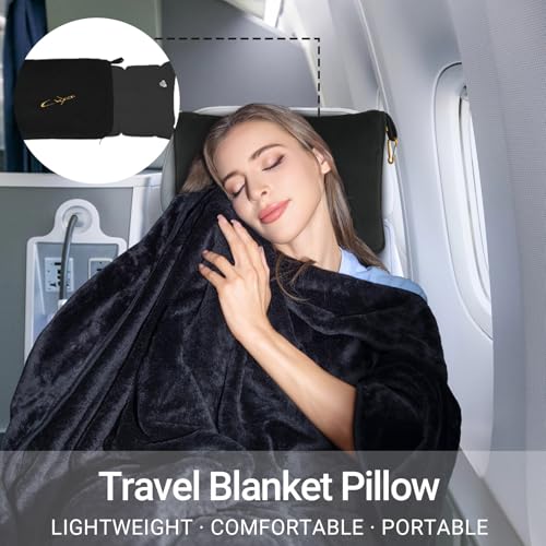 Airplane Travel Blanket with Pillow,300 GSM Soft Fleece Compact Blanket with Carry Bag,Lightweight Travel Blanket for Flights,Black - color: Black