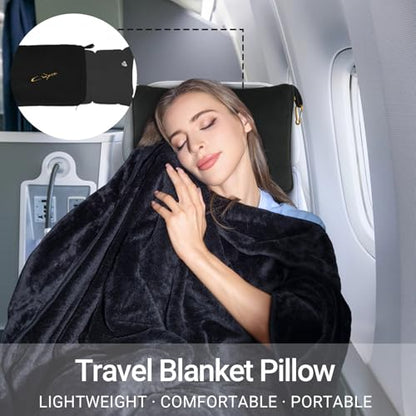 Airplane Travel Blanket with Pillow,300 GSM Soft Fleece Compact Blanket with Carry Bag,Lightweight Travel Blanket for Flights,Black - color: Black