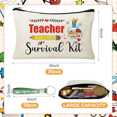 60pcs Teacher Appreciation Gifts Set，Teacher Survival Kit Canvas Makeup Bags for Women, Silicone Keychain Pouch Cosmetic Bag Travel Toiletry Bag for Thank You Gift - style: Teacher 60pcs
