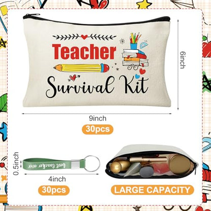 60pcs Teacher Appreciation Gifts Set，Teacher Survival Kit Canvas Makeup Bags for Women, Silicone Keychain Pouch Cosmetic Bag Travel Toiletry Bag for Thank You Gift - style: Teacher 60pcs