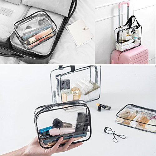APREUTY Clear Makeup Bags, TSA Approved 6 Pcs Cosmetic Makeup Bags Set Clear PVC with Zipper Handle Portable Travel Luggage Pouch Airport Airline Vacation Organization (Black) - color: Black-6PCS (Large+Medium+Small)