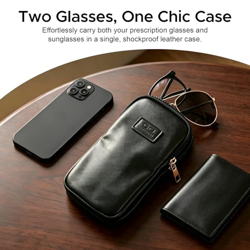 KINIVA Double Eyeglass Case for Men Women, 2-in-1 PU Dual Sunglasses Case, Scratch-Proof Travel Eyeglass Holder for Purse Car - style: Black Smooth