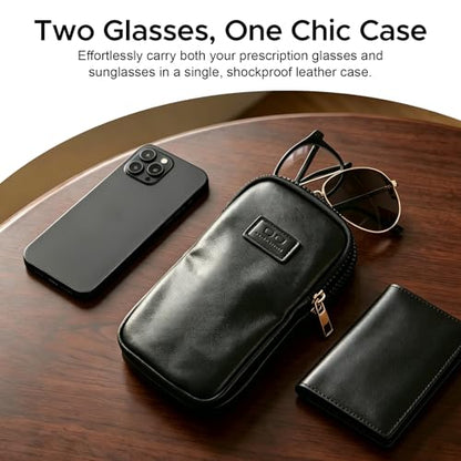 KINIVA Double Eyeglass Case for Men Women, 2-in-1 PU Dual Sunglasses Case, Scratch-Proof Travel Eyeglass Holder for Purse Car - style: Black Smooth