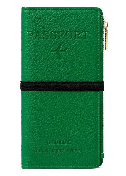 DOB SECHS Leather Passport Holder for Women, RFID Blocking Passport Wallet Credit Cards Case, Travel Accessories Organizer Pouch Bag with ID Window+Zippered Cash Pocket+SIM Slots, Green - color: Green-1