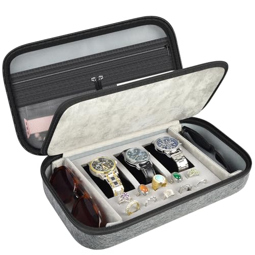 Jewelry Box Watch Case Organizer for Men and Women - Travel Display Boxes Storage with 3 Watch Compartments, 2 Glasses Slots, 10 Ring Holders, Mesh Pouch for Necklaces Bracelets- Grey (Holder Only) - color: Grey