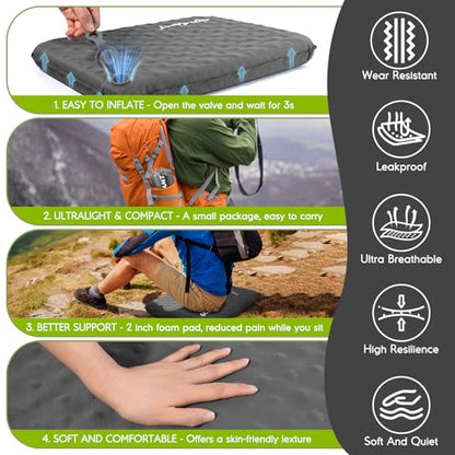 Inflatable Seat Cushion, Self-Inflating Memory Foam Stadium Seats Cushion Lightweight & Compact Chair Sitting Pad Airplane Cushion for Long Flight Travel Outdoor Camping Car Bleachers Office - color: 1 Pack Grey