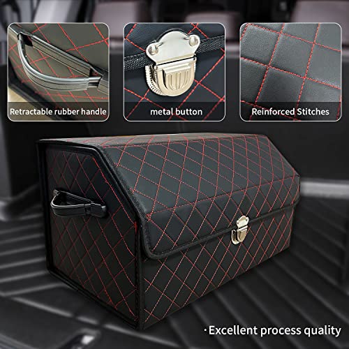 Trunk Organizer for Car With Lid,Foldable Trunk Organizer for SUVs & Sedans,Multi-Functional Leather Storage Box- Black Red Grid - Small - color: Black Red Grid, size: Small