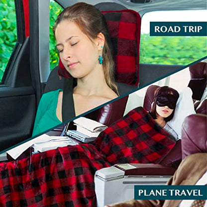 PAVILIA Travel Blanket Pillow, Soft Airplane Blanket 2-IN-1 Combo Set, Plane Blanket Compact Packable, Flight Essential Car Pillow, Travelers Gift Accessories Luggage Backpack Strap, 60x43 Checker Red - color: Checker Red