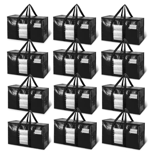 TAILI Extra Large Moving Bags, 12 Pack Black Heavy Duty Totes For Storage with Visible Window, Wrap Around Handles, Storage Bags for Space Saving, Alternative to Moving Boxes - color: Black, size: 12 Large
