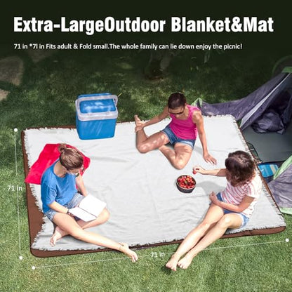 2-in-1 White Picnic Blanket, Extra-Large Waterproof Picnic Mat,Outdoor Blanket for Camping, Beach, Park,Portable Double-Layer Design (71"x71",T-Grid) - color: White-t-gird