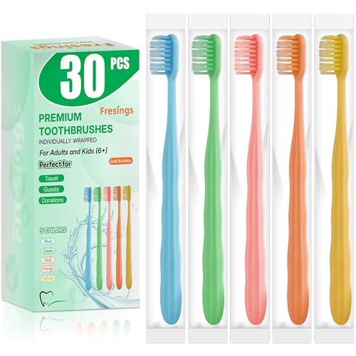 30-Pack Premium Bulk Disposable Toothbrushes, Individually Wrapped, Soft Bristles, Peanut Grip Handle for Travel, Guest Bathroom, Hotel & Emergency Kits, Family, Kids & Adults, Single Use - size: 1 Count (Pack of 30)