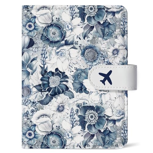 Passport Holder for Travel Essentials, RFID Blocking Leather Cover Wallet with Magnetic Closure, Aesthetic & Cute Passport Book Case for Women and Men - Blueflower - color: J.Blueflower