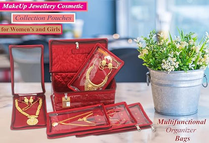 atorakushon Satin Makeup Pouches Cosmetic Necklace Earrings Jewellery Organizer For Women Maroon (Maroon) - color: Maroon