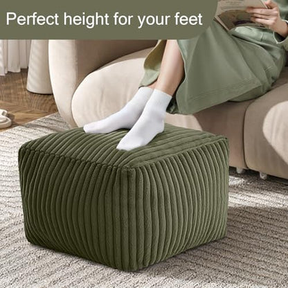 MeMoreCool Square Stuffed Pouf Ottoman Foot Rest, Stripe Furry Floor Pouf Foot Stool with Foam Chunk Filling, Soft Fluffy Stuffed Ottoman Footrest for Living Room, Faux Fur Green - color: Ribbed Green