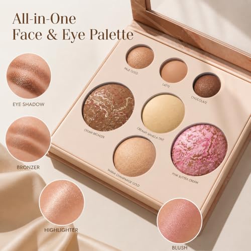 Baked Face and Eye Makeup Palette with Bronzer, Blush, 2 Highlighters & 3 Eyeshadows, Smooth Blendable Powder, Neutral Shades, Travel Compact Gift Set for Women
