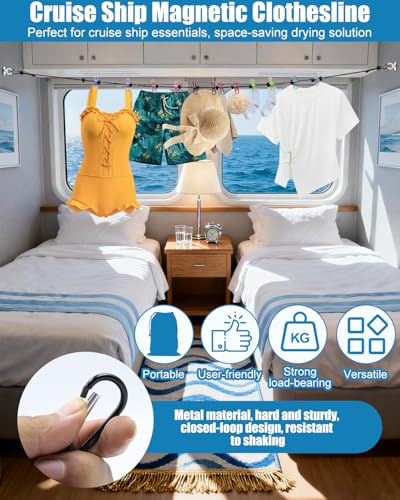 Magnetic Retractable Clothesline for Cruise Ship, 2026 Travel Clothesline with 12 Anti-Slip Clips & Waterproof Storage Bag, Portable Travel Laundry Line, Cruise Essentials for Cabin, Camping, RV