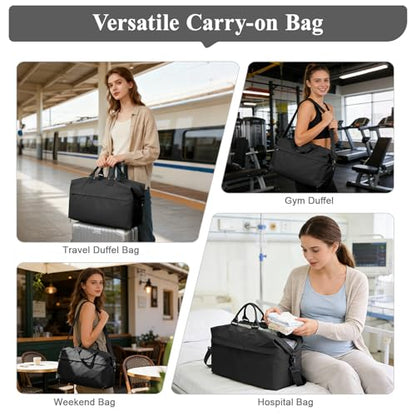 Travel Duffel Bag,Carry-On Overnight Weekender Bags for Women,Personal Item Travel Bag with Shoes Compartment,Sports Gym Bag - color: Black with Toiletry Bag