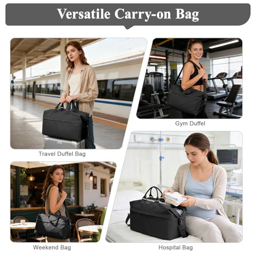 Travel Duffel Bag,Carry-On Overnight Weekender Bags for Women,Personal Item Travel Bag with Shoes Compartment,Sports Gym Bag - color: Black with Toiletry Bag