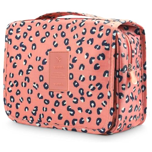 L&FY Hanging Travel Toiletry Bag Women's Cosmetic Organizer Makeup Pouch Men's Dopp Kits With Handle(Pink Leopard) - color: Pink Leopard, size: Compact Size