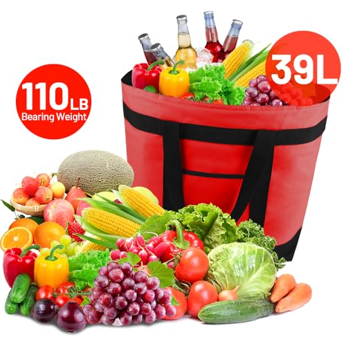mosago Insulated Grocery Tote Bags, Large Reusable Cooler Bags with Zipper, Leakproof Thermal Shopping Bags for Food Delivery, Beach, Travel, Uber Eats & Picnic, Collapsible Personalized, Red - color: Red
