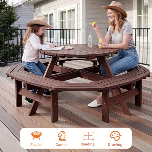 Garvee 8 Person Wooden Picnic Table, Outdoor Picnic Tables with 4 Built-in Benches, Circular Camping Dining Table and Chairs Set with Umbrella Hole for Garden, Patio, Backyard, Walnut Brown
