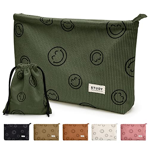 WLLWOO Makeup Bag-2pcs Smile Face Corduroy Cosmetic Bag Zipper Interior Waterproof Pencil Case Coin Purse Travel Toiletry Small Makeup Pouch For Women - color: Military green
