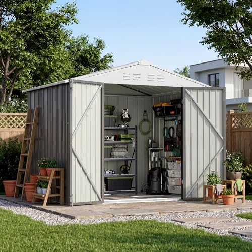 Devoko 8 x 6 FT Storage Sheds with Floor Frame, Waterproof Garden Tool Shed with Lockable Door, Outdoor Metal Utility Shed for Backyard Patio Lawn, Gray - color: Gray, size: 8x6 FT with Floor Frame