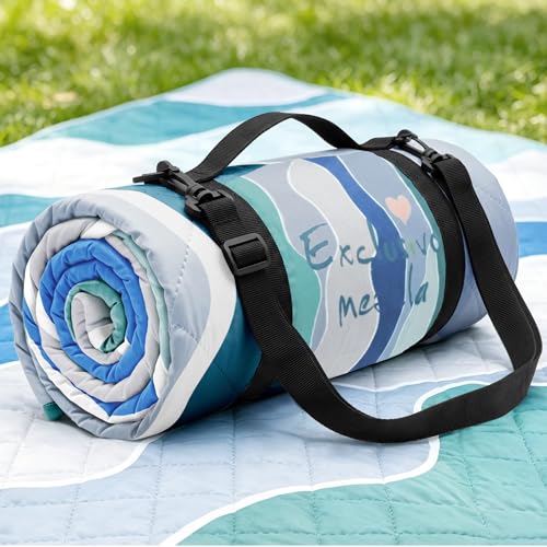 Exclusivo Mezcla Extra Large Waterproof Picnic Blankets 3 Layer, Sandproof and Foldable Outdoor Blanket for Beach Camping, Park and Travel - color: Waved Blue