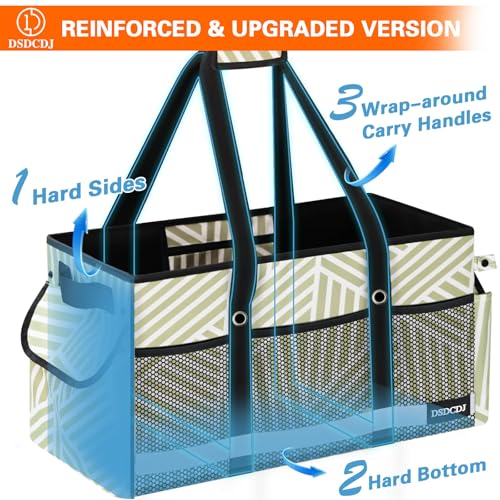Extra Large Utility Tote Bag with Reflective Strip, Standing Reusable Grocery Bags with Hard Bottom, Collapsible Utility Tote with Handles for Shopping, Beach, Picnics, Car, Striped Gray - color: Twill Gray