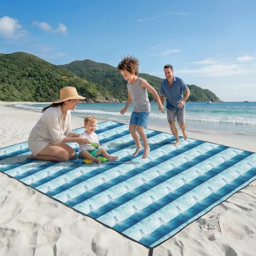OIGAE Family Beach Blanket, 7×8 ft Sand-Free Picnic Mat for 1–4 People, Quick-Dry Lightweight Outdoor Blanket with Stakes & Corner Pockets, Drift Bottle - color: Drift Bottle, size: 7x8 Ft (2～5 person)