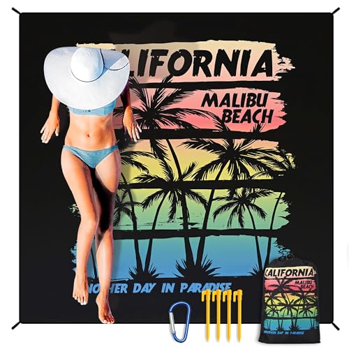 HIHOHO Beach Blanket Waterproof Sandproof Extra Large Beach Mat 79" X 83"/120"x108"for 1-8 Adults Quick Drying Durable Outdoor Picnic Mat for Beach Travel Camping Hiking - color: Coconut Tree - Rainbow - California, size: 79" X 83"（1~3 person）
