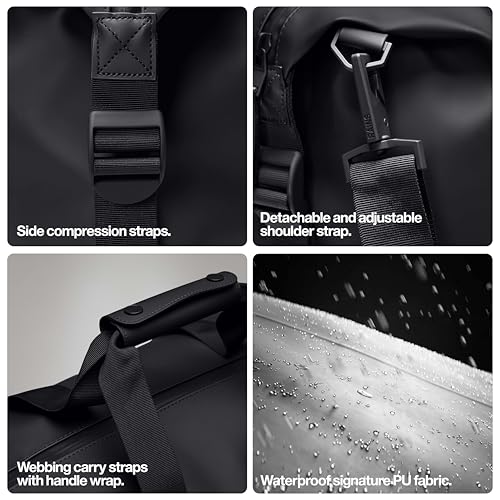RAINS Hilo Weekend Bag Small - Coal Waterproof Travel Duffel for Men and Women - Compact Black Duffle with Coated Zip, Adjustable Strap, Compression Straps - 2 Year Warranty - color: Coal