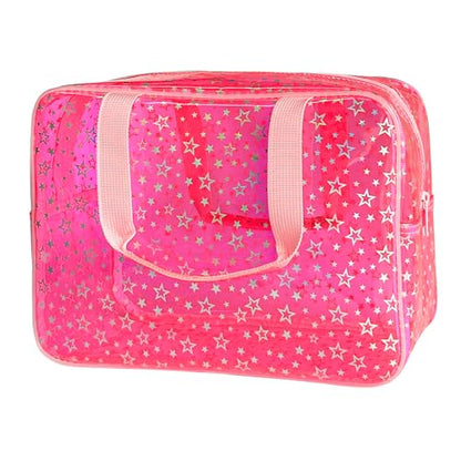 Clear Star Large Cosmetic Bag and Travel Pouch with Handle,Durable Material,Zipper Design-Ideal for Makeup,Travel Essentials (Pink+Shiny Star) - color: Pink+Shiny Star