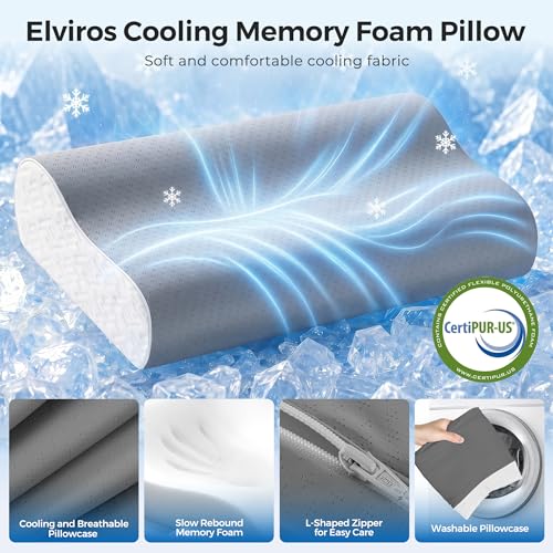Elviros Cooling Memory Foam Pillow with Breathable Cover, Adjustable Height Bed Pillow for Neck Support, Ergonomic Cervica Neck Pillow for Side Stomach and Back Sleeper, Queen Size, 23.6"×14"×5.3" - color: Grey