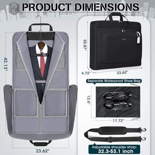 RAINSMORE Garment Bags for Travel Carry On Garment Bag for Hanging Clothes, Suit Bag for Business Trips with Shoes bag & Shoulder Strap, Waterproof Foldable Suit Luggage Bag for Men Women, Black - color: Black