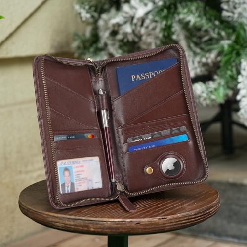 Polare Full Grain Leather Passport Holder Cover Case for Men and Women RFID Blocking Family Travel Wallet Holds 6 Passports - color: Coffee with AirTag Slot