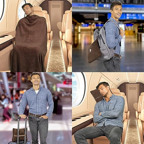 BlueHills Premium Soft Travel Blanket Pillow Airplane Blanket Soft Bag Pillow case with Hand Luggage Belt and Backpack Clip Compact Pack Large Portable Throw Air Plane Flight Travel (Brown T009) - color: Brown-1pk-t009