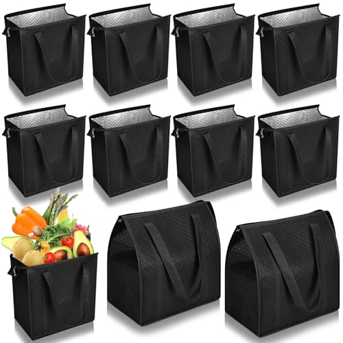 10 Pack Large Insulated Grocery Bags Reusable Shopping Bags with Zippered Top 13 x 12 x 7 Inch Thermal Cooler Totes Bulk with Handles for Hot Cold Food Delivery Refrigerator (Black) - color: Black