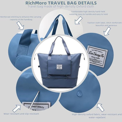 Large Capacity Foldable Travel Bag, Expandable lightweight Carry on Bag, Dry with Wet Separation Spor Duffel Bags (Blue+Toiletry Bag) - color: Blue+Toiletry Bag