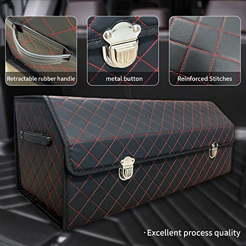 Car Trunk Organizer with Lid,Foldable Faux Leather Cargo Storage Box,3 Compartments,Collapsible Multi-Functional for SUV,Sedan,Vehicle Trunk - color: Black Red Grid, size: Large